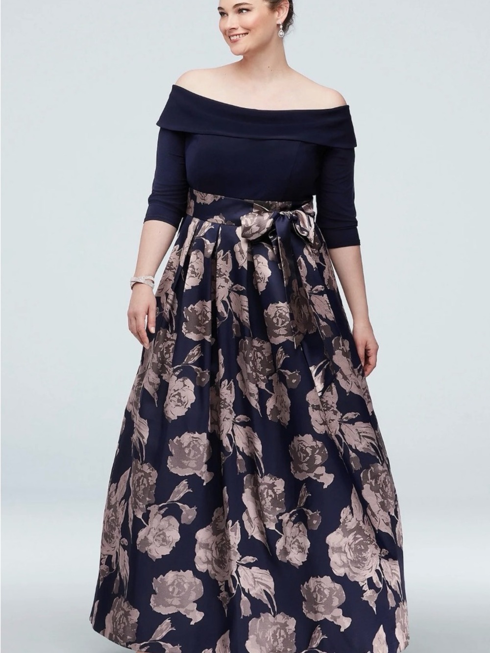 Jessica Howard Off The Shoulder Gown with Jacquard Floral Skirt